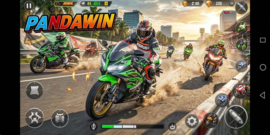 Screenshot gameplay PANDAWIN menunjukkan aksi balapan motor yang mendebarkan.