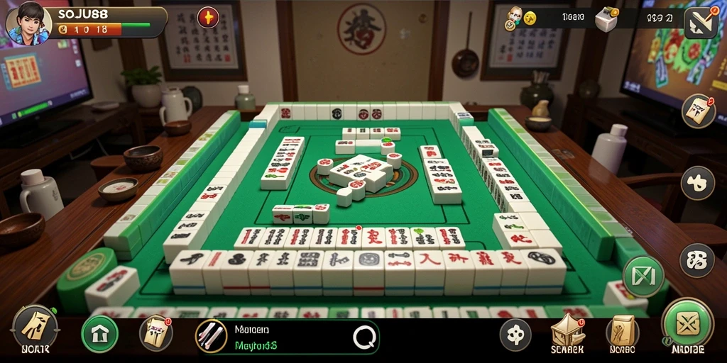 Screenshot gameplay seru dari SOJU88 yang menunjukkan suasana Mahjong.