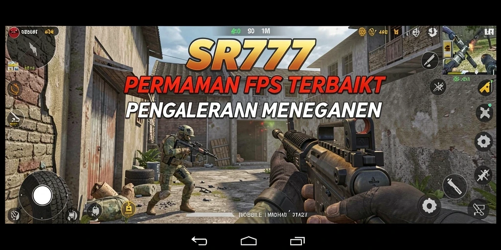 Screenshot utama SR777 menampilkan aksi tembak-menembak yang intens.