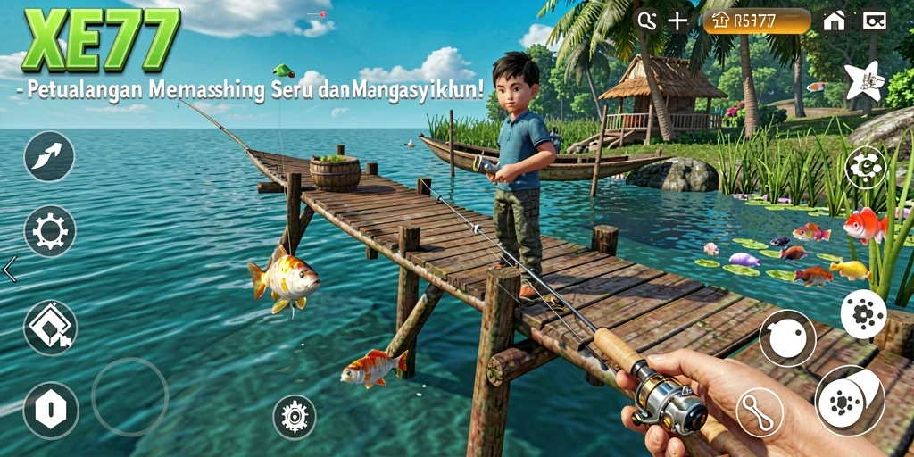 Tampilan gameplay XE77 saat seru memancing ikan di alam.